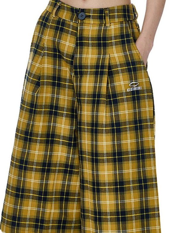 EZEK Yellow Black Plaid Pocket Button Fly Hip Hop Wide Leg Women's Cotton Capri Pants