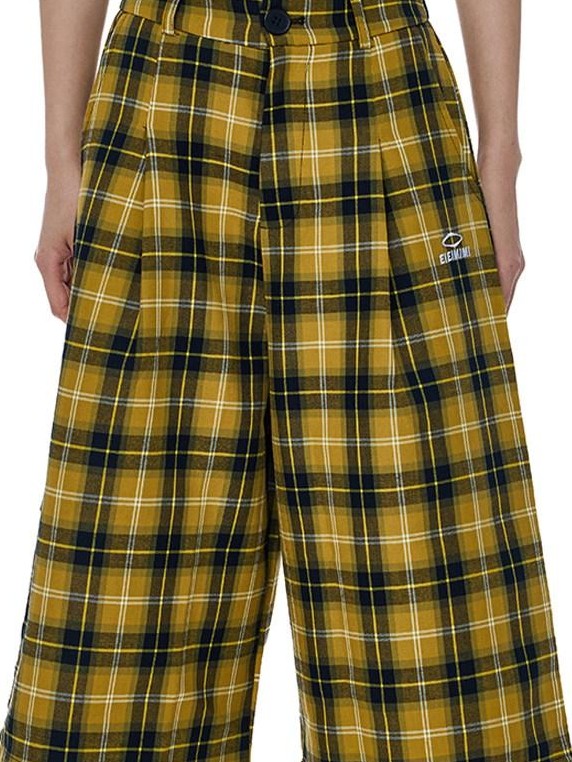 EZEK Yellow Black Plaid Pocket Button Fly Hip Hop Wide Leg Women's Cotton Capri Pants