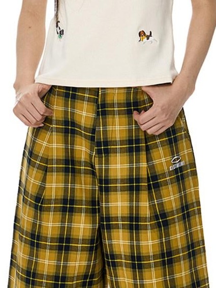 EZEK Yellow Black Plaid Pocket Button Fly Hip Hop Wide Leg Women's Cotton Capri Pants