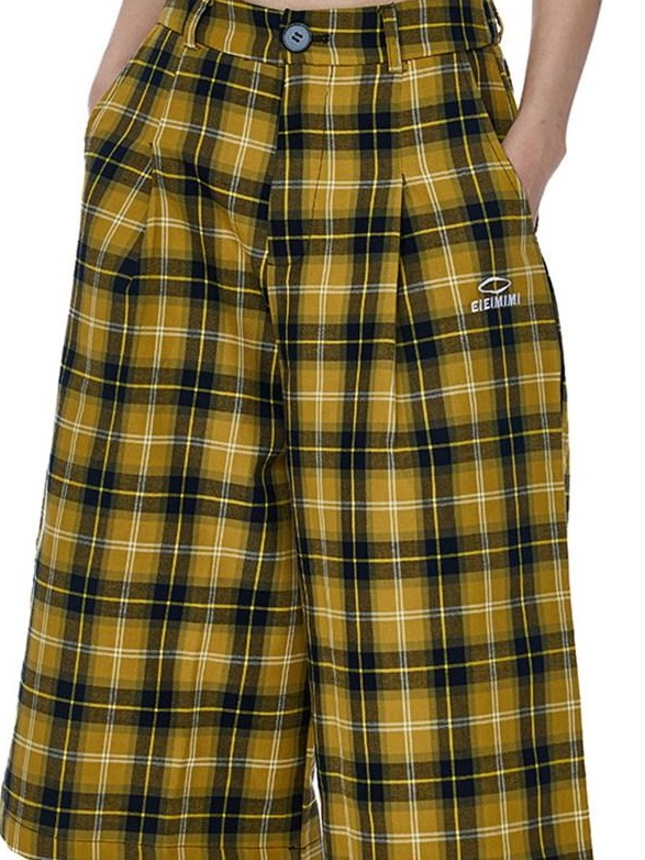 EZEK Yellow Black Plaid Pocket Button Fly Hip Hop Wide Leg Women's Cotton Capri Pants