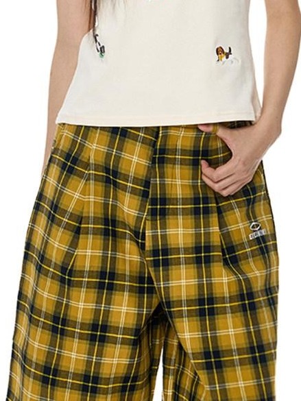 EZEK Yellow Black Plaid Pocket Button Fly Hip Hop Wide Leg Women's Cotton Capri Pants