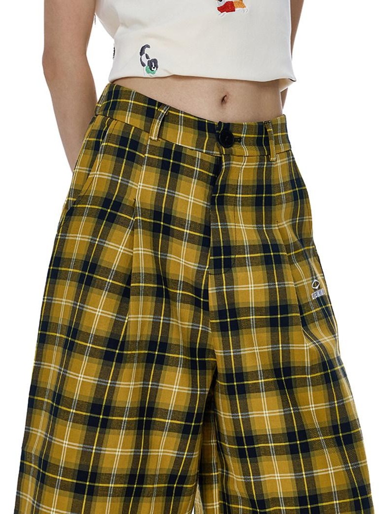 EZEK Yellow Black Plaid Pocket Button Fly Hip Hop Wide Leg Women's Cotton Capri Pants