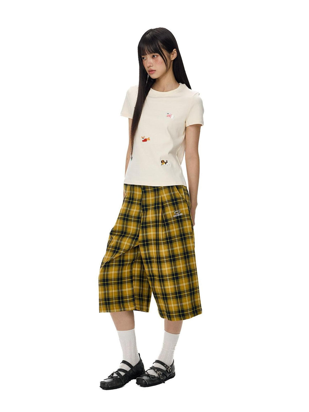 EZEK Yellow Black Plaid Pocket Button Fly Hip Hop Wide Leg Women's Cotton Capri Pants