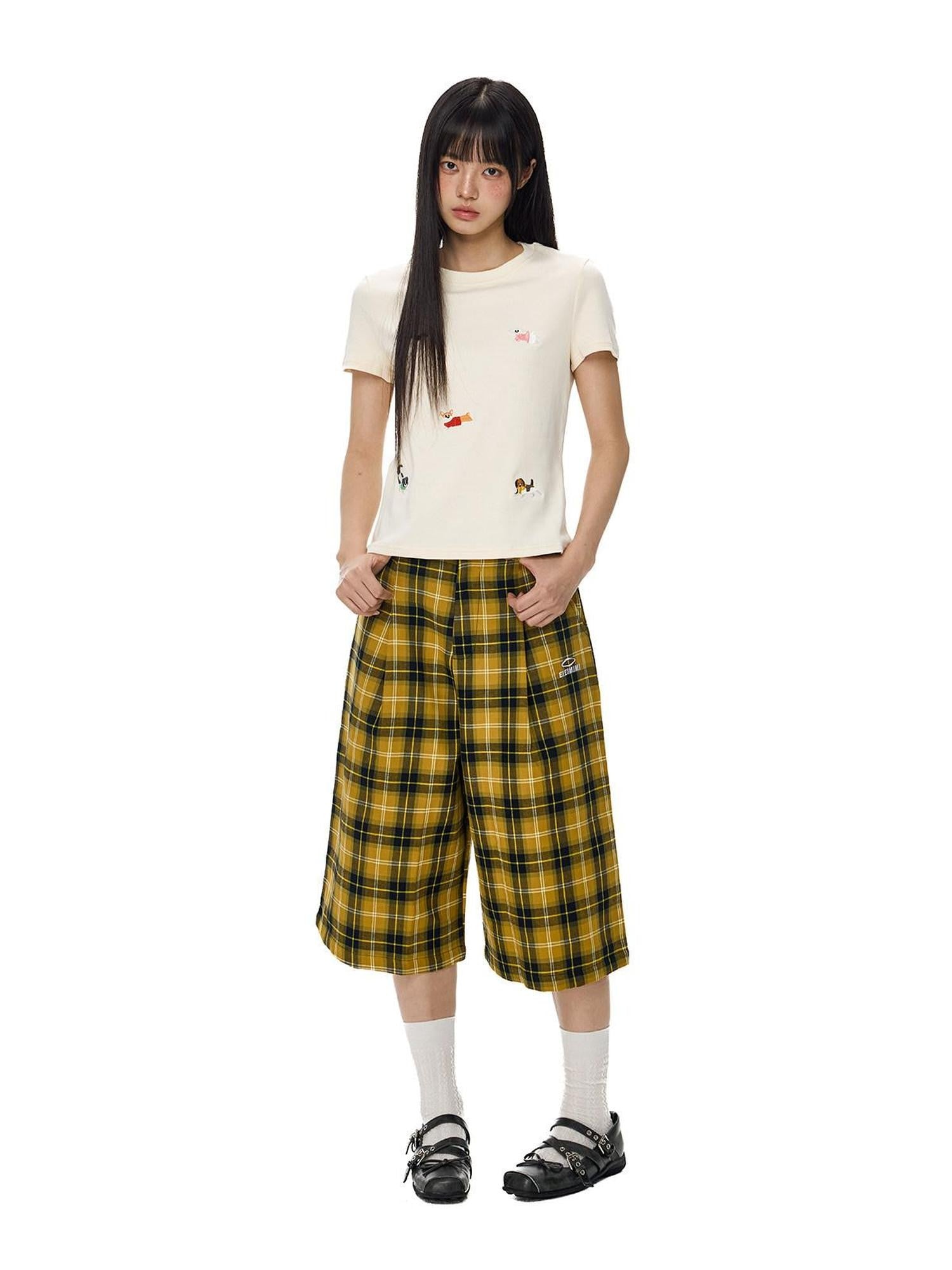 EZEK Yellow Black Plaid Pocket Button Fly Hip Hop Wide Leg Women's Cotton Capri Pants