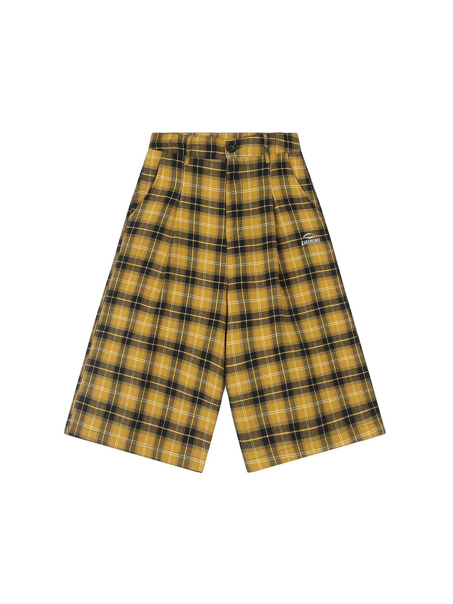 EZEK Yellow Black Plaid Pocket Button Fly Hip Hop Wide Leg Women's Cotton Capri Pants