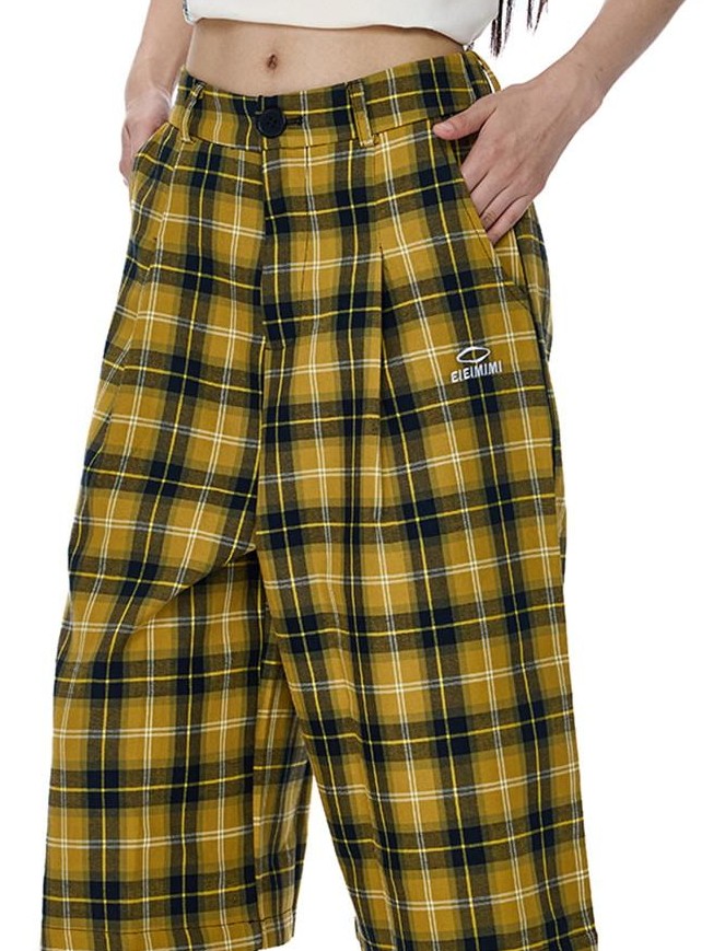 EZEK Yellow Black Plaid Pocket Button Fly Hip Hop Wide Leg Women's Cotton Capri Pants