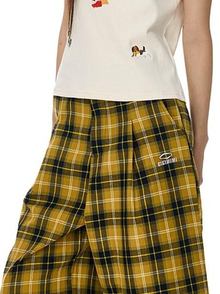 EZEK Yellow Black Plaid Pocket Button Fly Hip Hop Wide Leg Women's Cotton Capri Pants