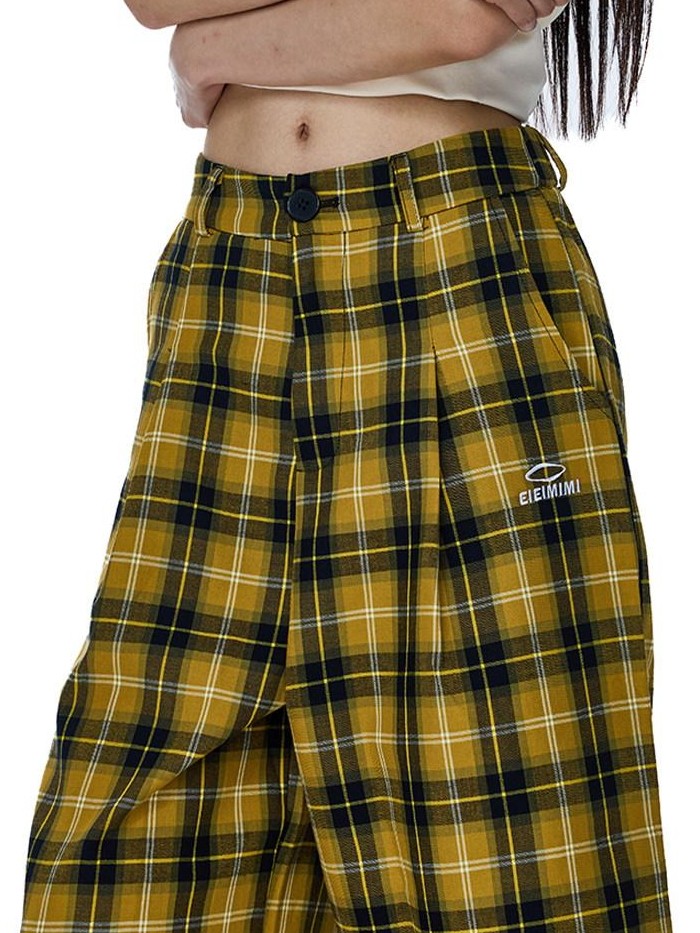 EZEK Yellow Black Plaid Pocket Button Fly Hip Hop Wide Leg Women's Cotton Capri Pants