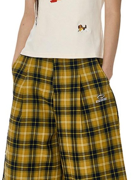 EZEK Yellow Black Plaid Pocket Button Fly Hip Hop Wide Leg Women's Cotton Capri Pants
