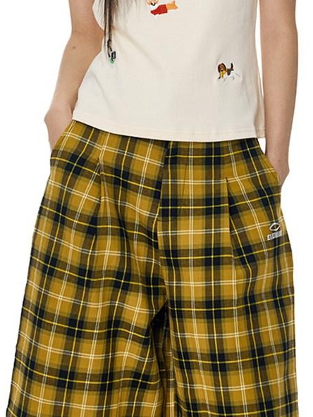 EZEK Yellow Black Plaid Pocket Button Fly Hip Hop Wide Leg Women's Cotton Capri Pants