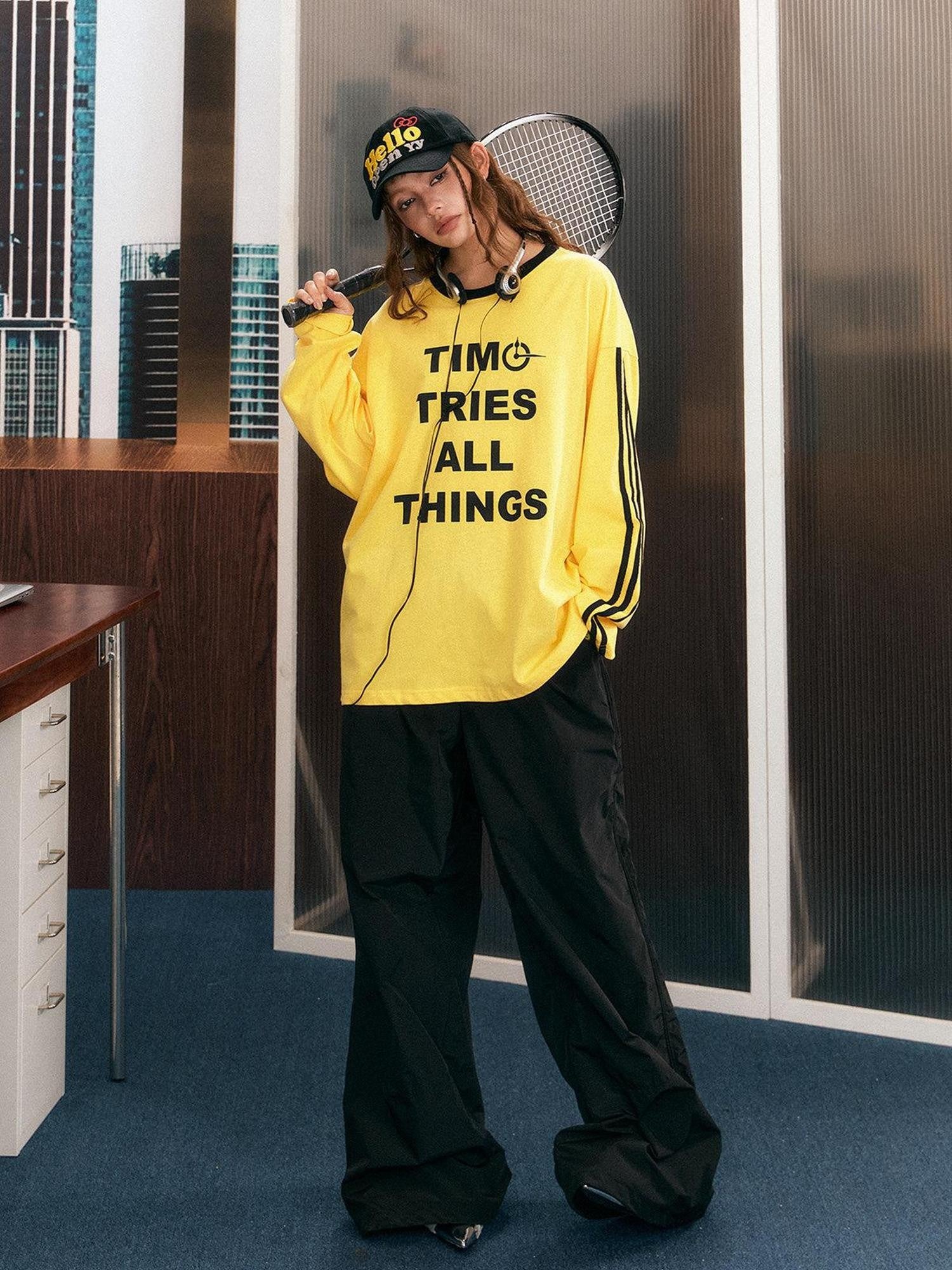 EZEK Yellow Letter Print Colorblock Striped Women's Cotton Sweatshirts