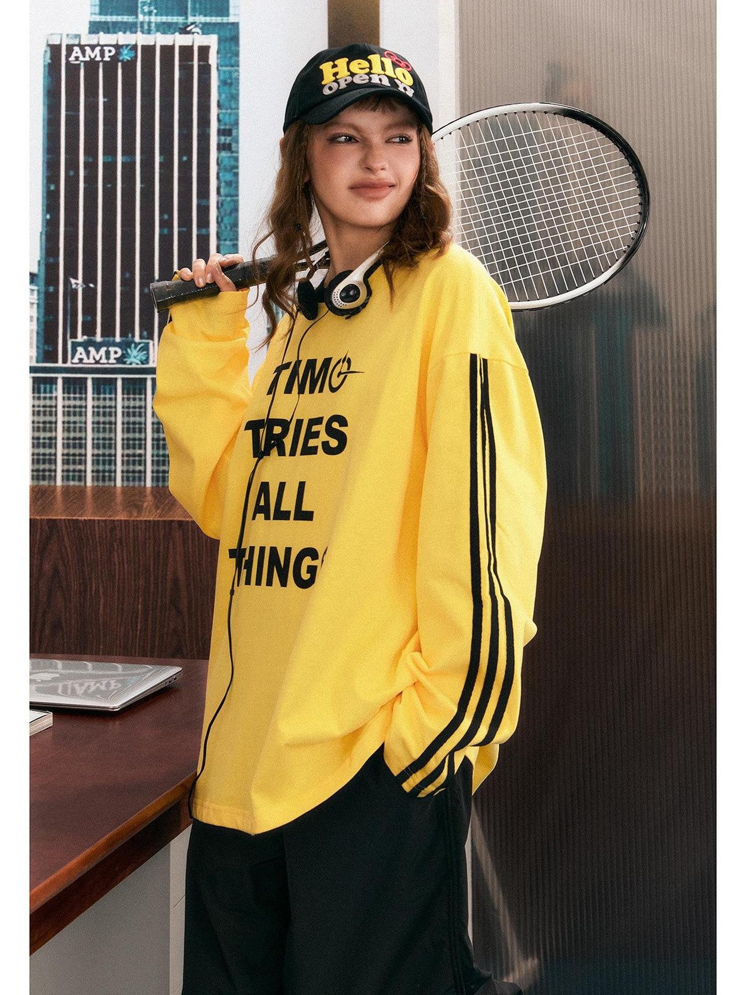 EZEK Yellow Letter Print Colorblock Striped Women's Cotton Sweatshirts