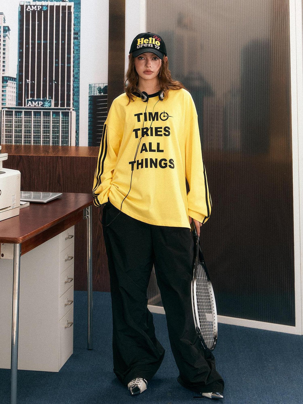 EZEK Yellow Letter Print Colorblock Striped Women's Cotton Sweatshirts