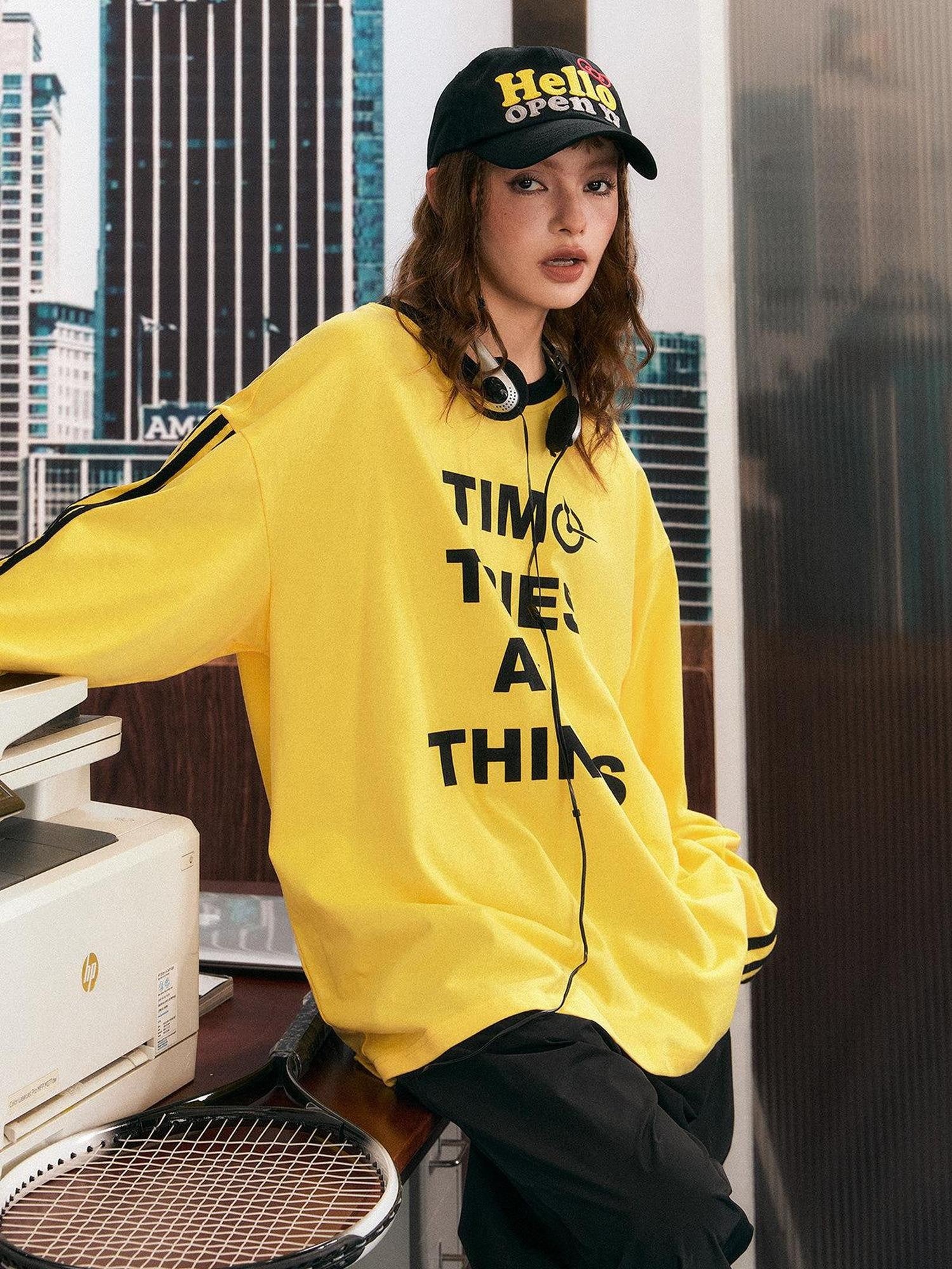 EZEK Yellow Letter Print Colorblock Striped Women's Cotton Sweatshirts