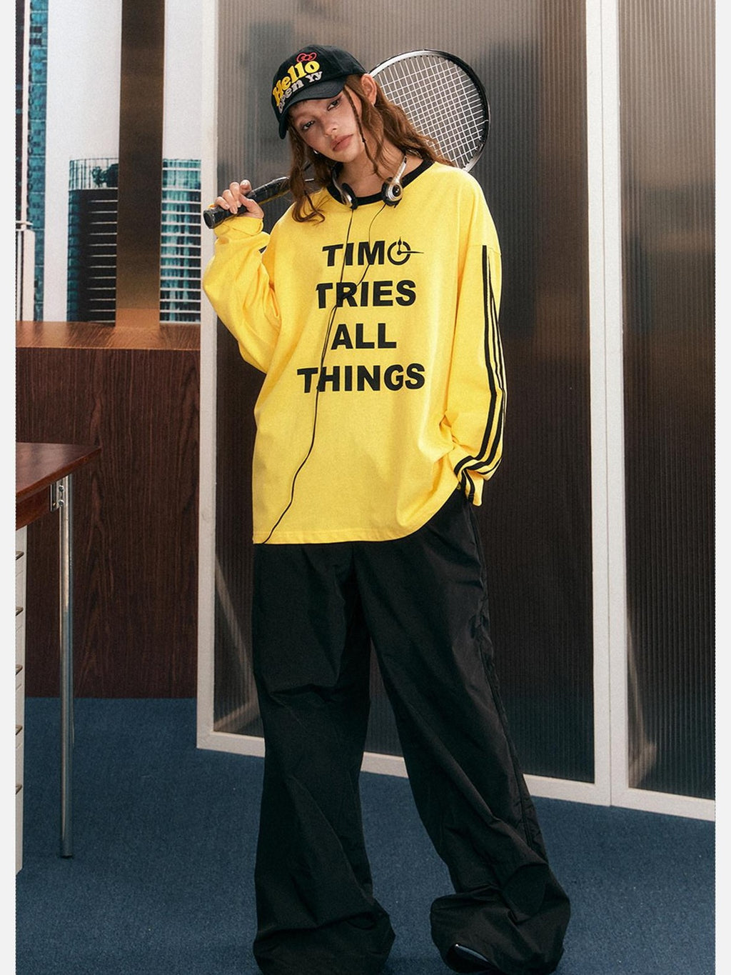 EZEK Yellow Letter Print Colorblock Striped Women's Cotton Sweatshirts