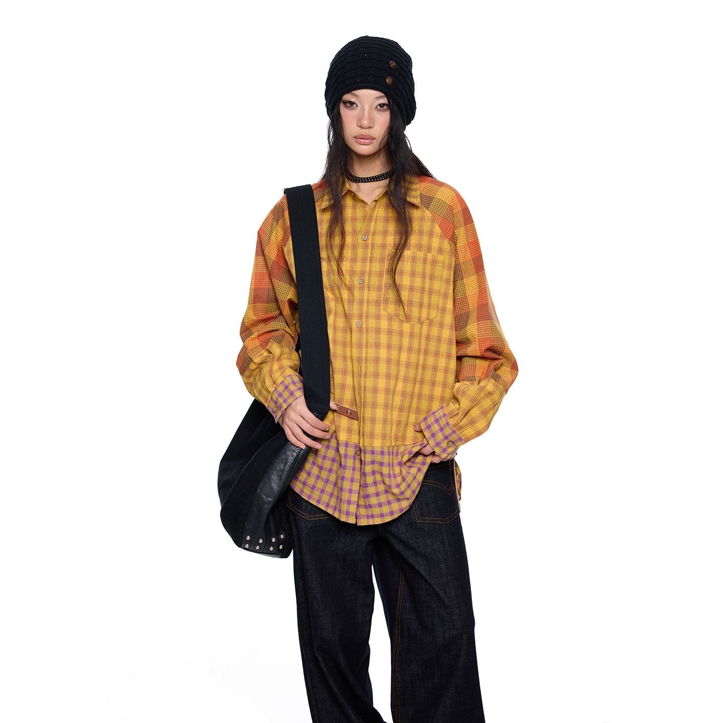 EZEK_Yellow_Plaid_Patchwork_Buttoned_Stand_Collar_Women's_Cotton_Blend_Overshirts_1011555668658_MISSTT
