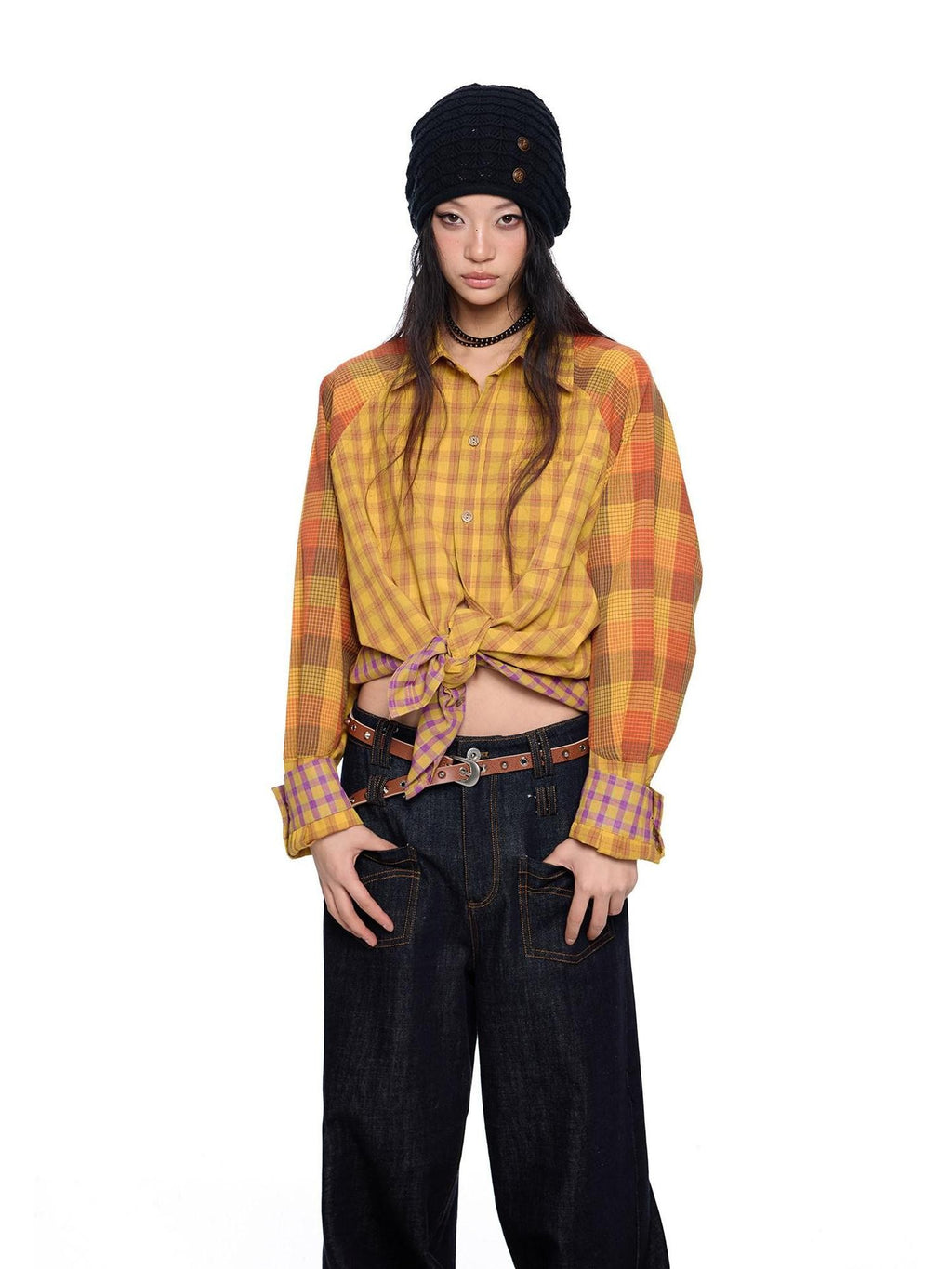 EZEK Yellow Plaid Patchwork Buttoned Stand Collar Women's Cotton Blend Overshirts