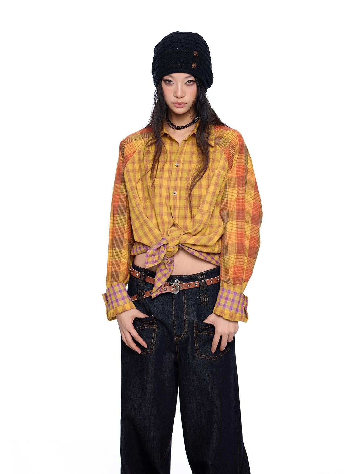 EZEK Yellow Plaid Patchwork Buttoned Stand Collar Women's Cotton Blend Overshirts