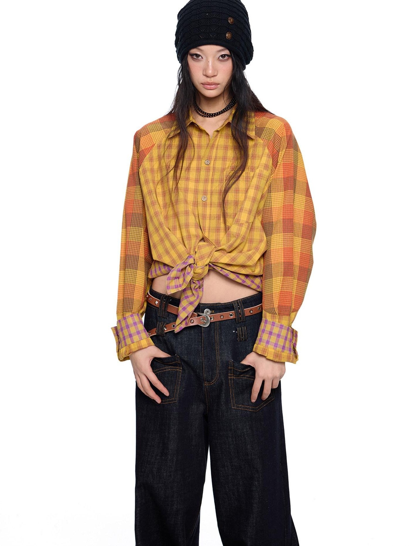 EZEK Yellow Plaid Patchwork Buttoned Stand Collar Women's Cotton Blend Overshirts