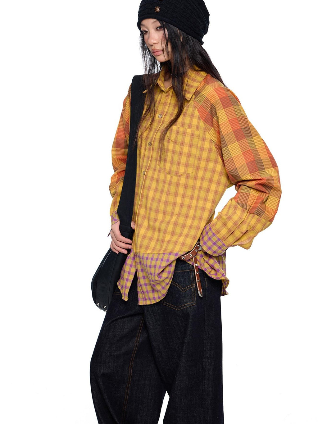 EZEK Yellow Plaid Patchwork Buttoned Stand Collar Women's Cotton Blend Overshirts