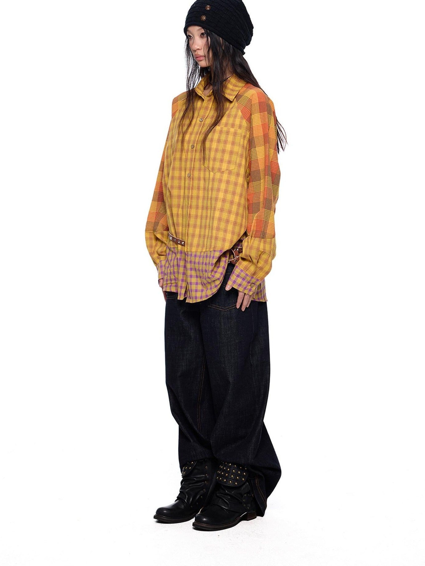 EZEK Yellow Plaid Patchwork Buttoned Stand Collar Women's Cotton Blend Overshirts