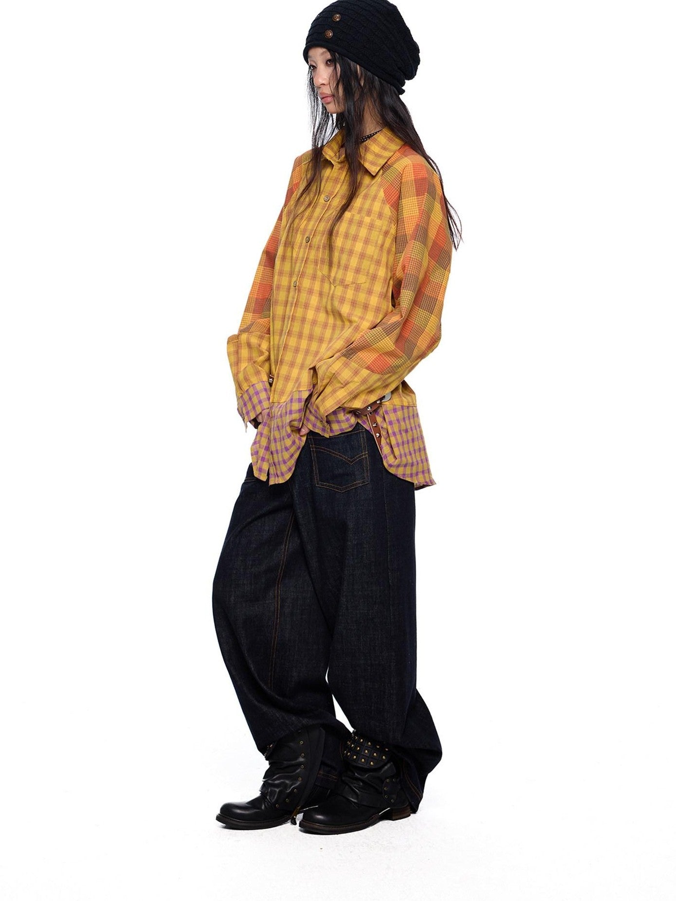 EZEK Yellow Plaid Patchwork Buttoned Stand Collar Women's Cotton Blend Overshirts