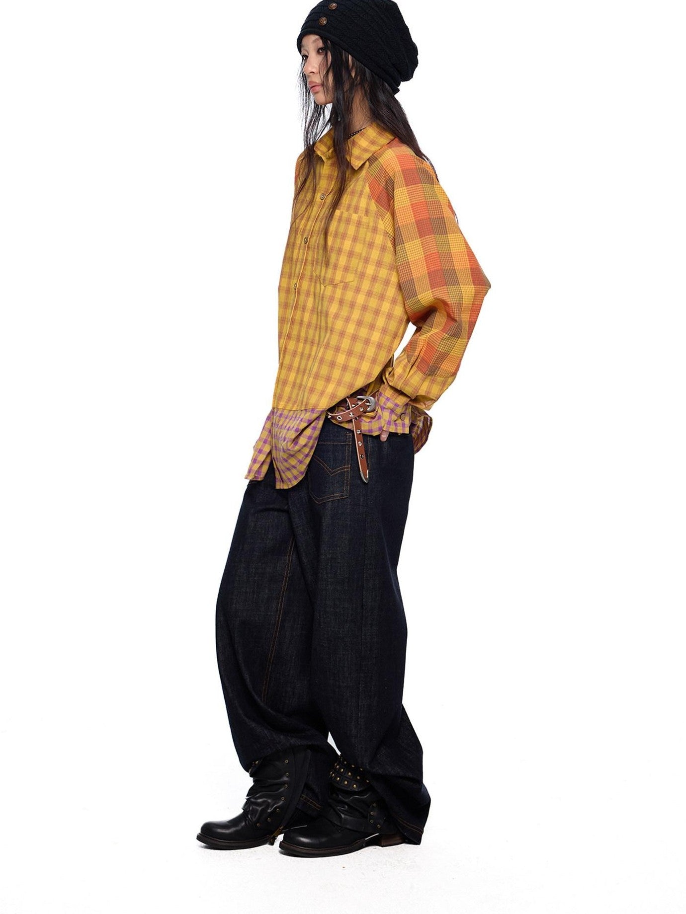 EZEK Yellow Plaid Patchwork Buttoned Stand Collar Women's Cotton Blend Overshirts