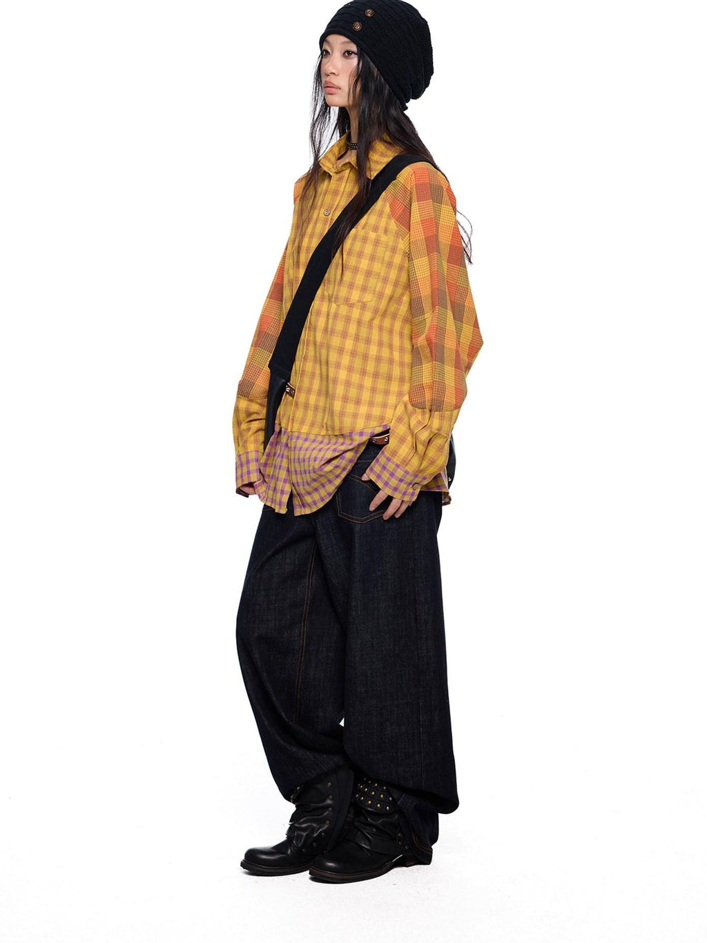 EZEK Yellow Plaid Patchwork Buttoned Stand Collar Women's Cotton Blend Overshirts