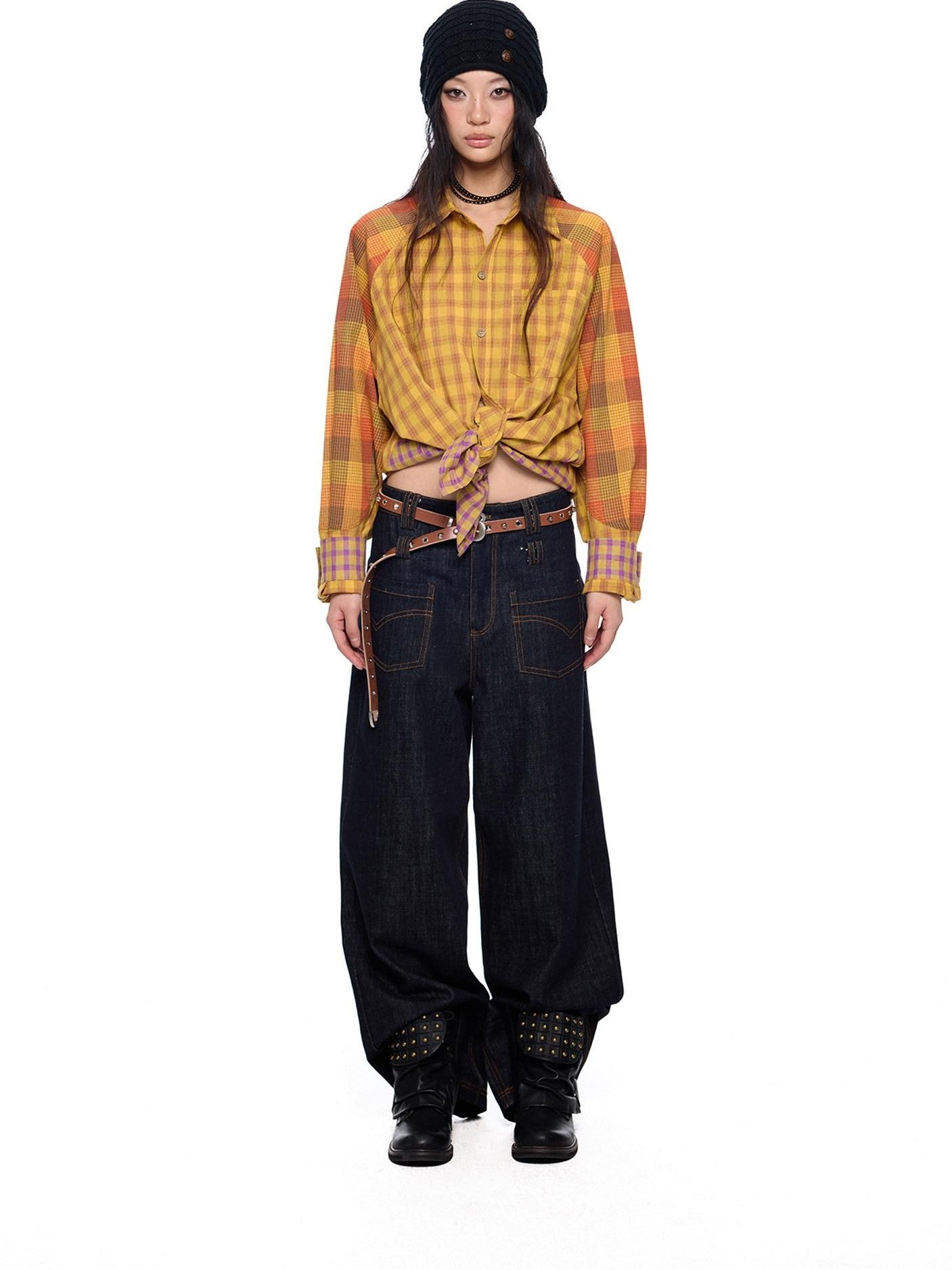 EZEK Yellow Plaid Patchwork Buttoned Stand Collar Women's Cotton Blend Overshirts
