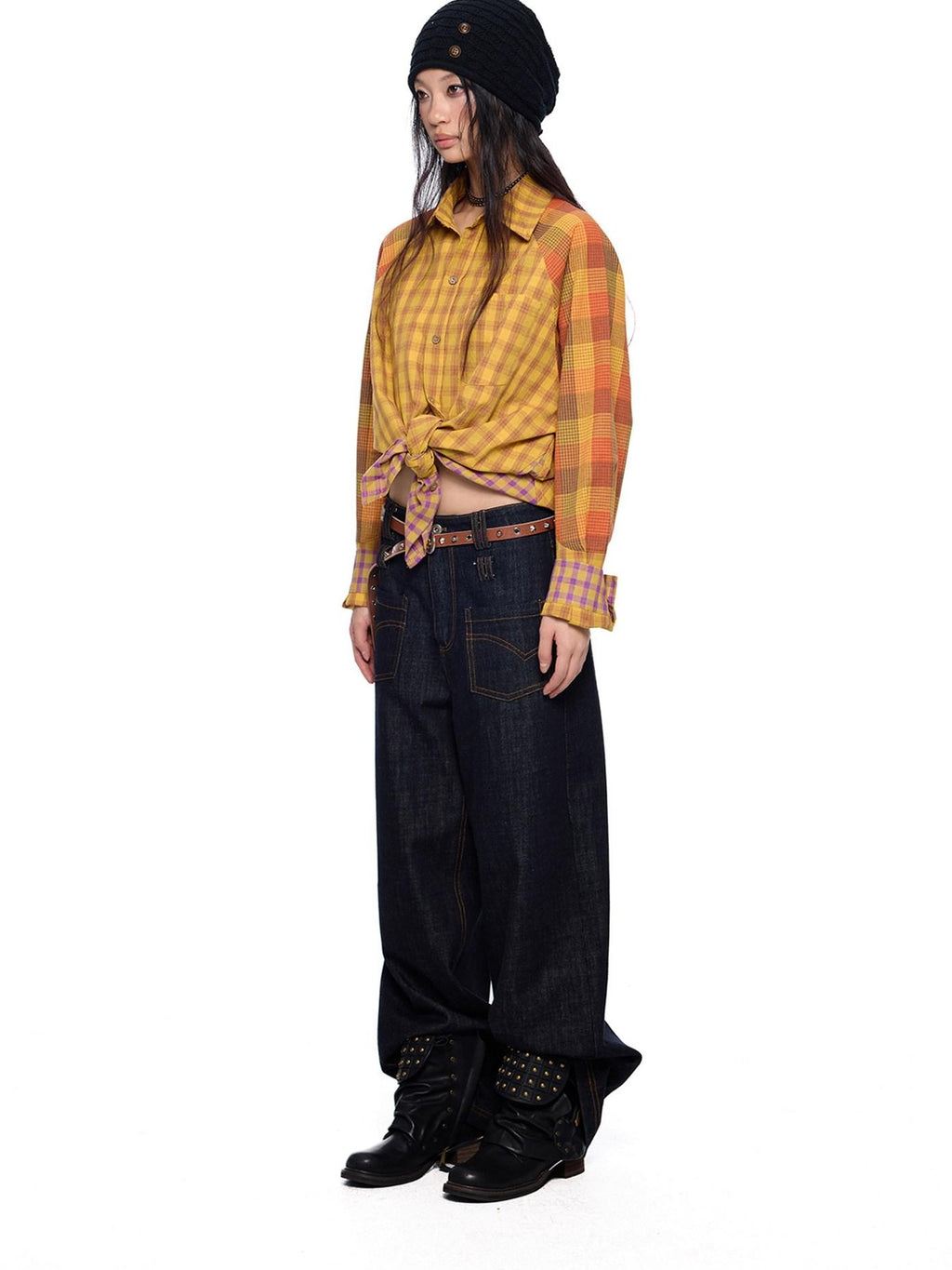 EZEK Yellow Plaid Patchwork Buttoned Stand Collar Women's Cotton Blend Overshirts