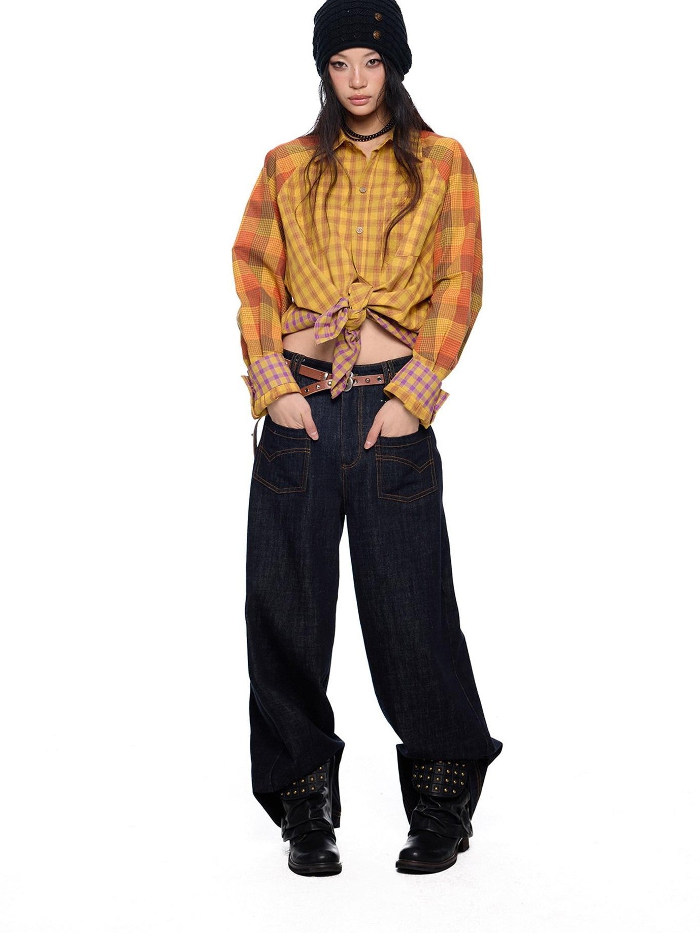 EZEK Yellow Plaid Patchwork Buttoned Stand Collar Women's Cotton Blend Overshirts