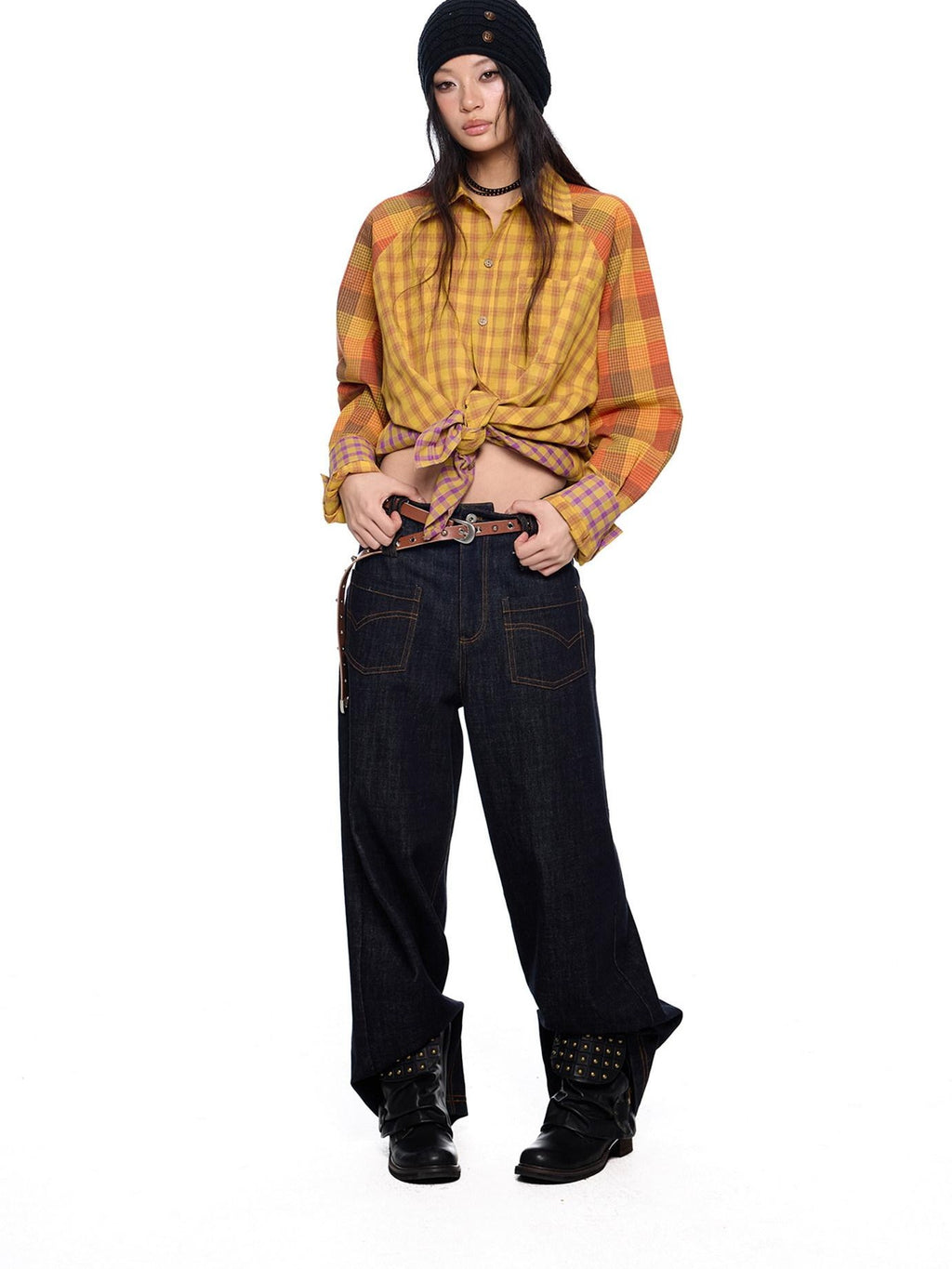 EZEK Yellow Plaid Patchwork Buttoned Stand Collar Women's Cotton Blend Overshirts