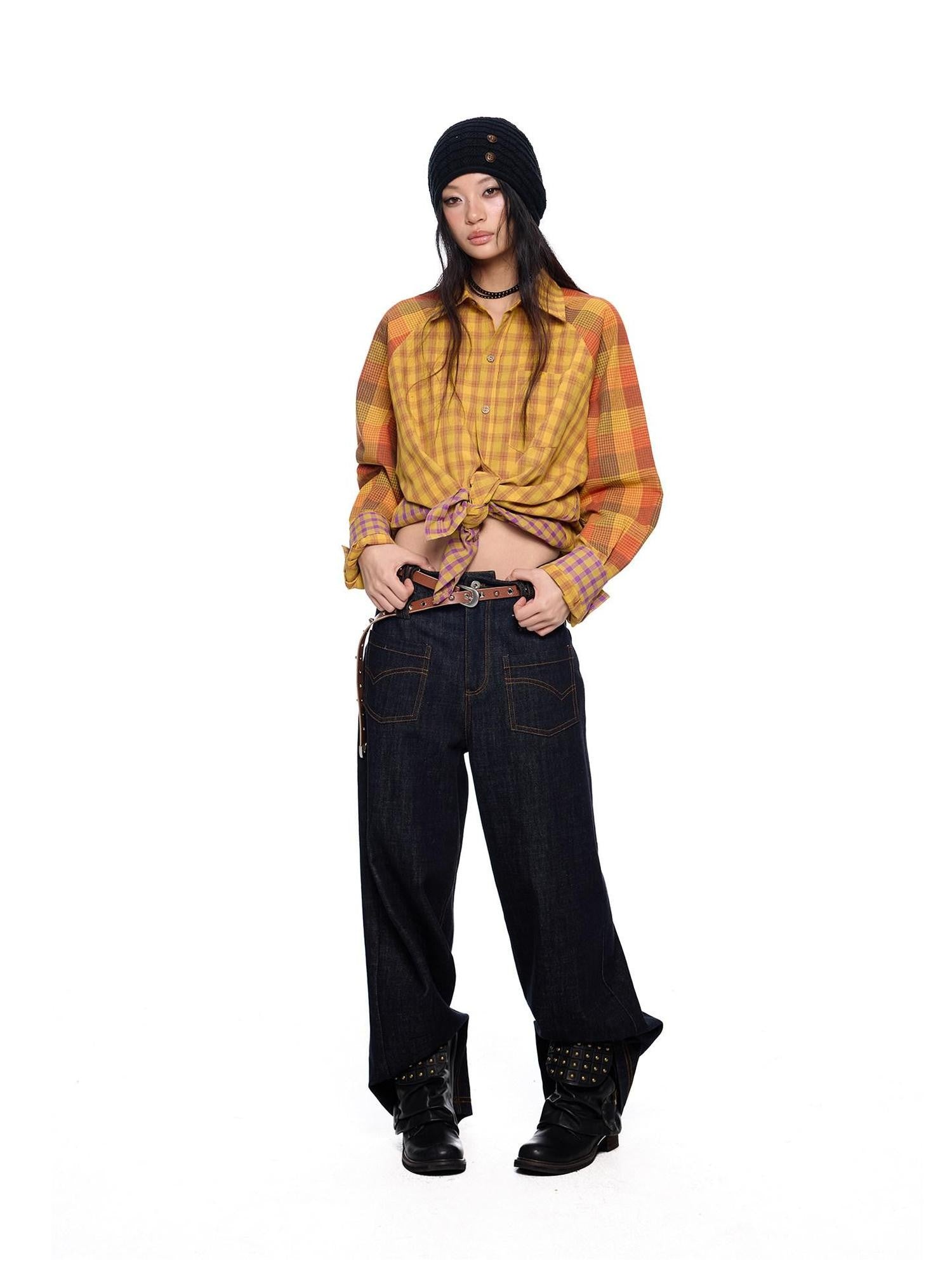 EZEK Yellow Plaid Patchwork Buttoned Stand Collar Women's Cotton Blend Overshirts