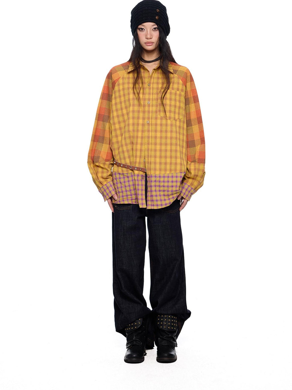 EZEK Yellow Plaid Patchwork Buttoned Stand Collar Women's Cotton Blend Overshirts