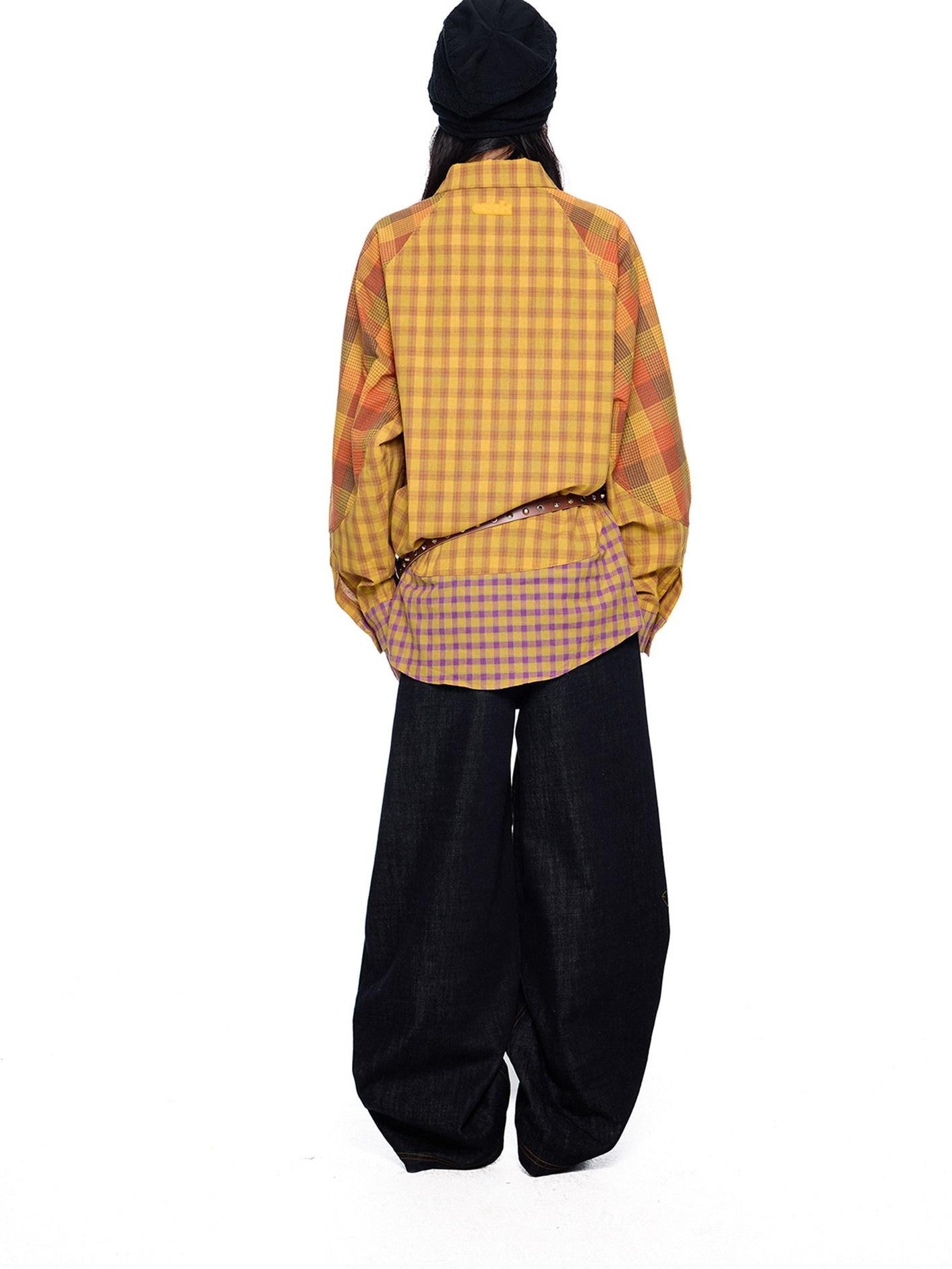 EZEK Yellow Plaid Patchwork Buttoned Stand Collar Women's Cotton Blend Overshirts