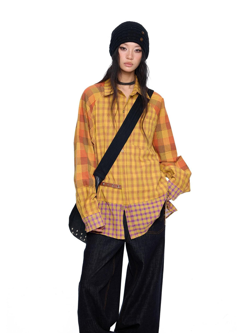 EZEK Yellow Plaid Patchwork Buttoned Stand Collar Women's Cotton Blend Overshirts