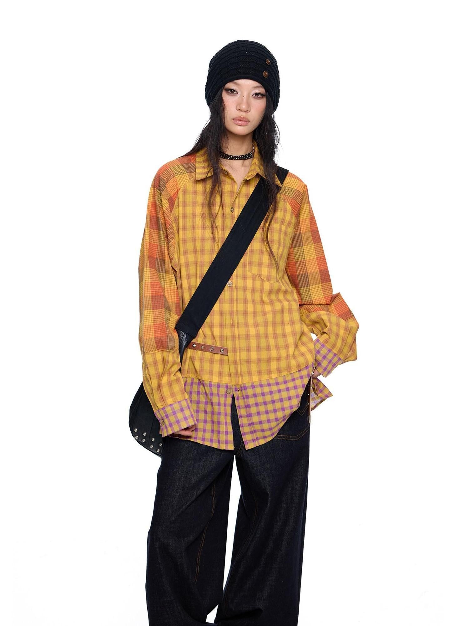 EZEK Yellow Plaid Patchwork Buttoned Stand Collar Women's Cotton Blend Overshirts