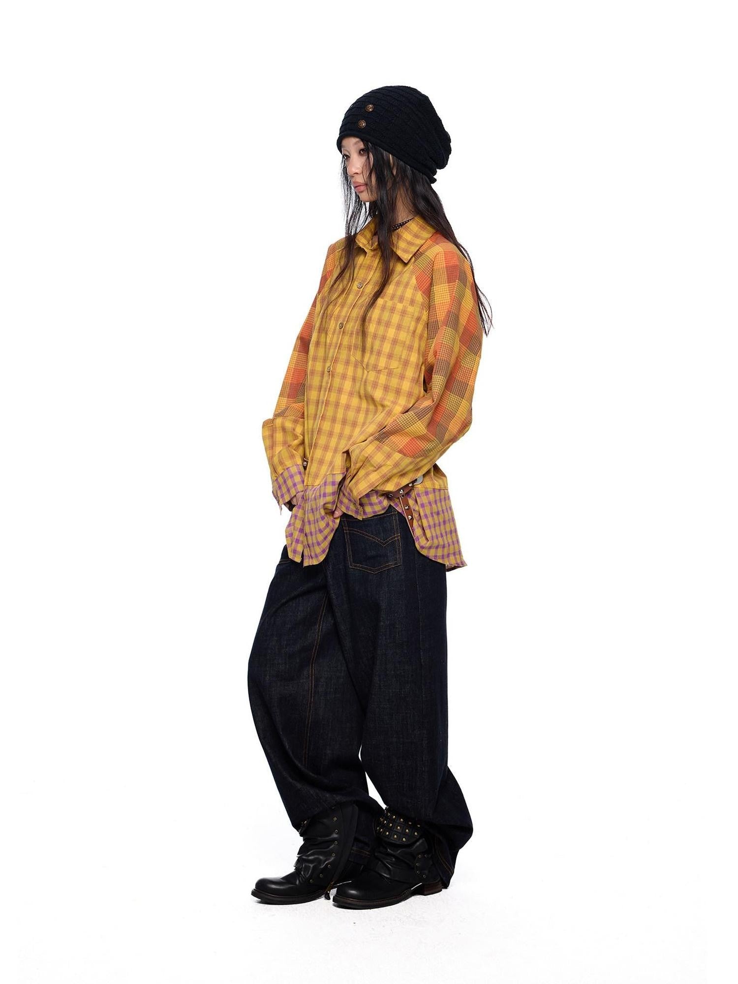 EZEK Yellow Plaid Patchwork Buttoned Stand Collar Women's Cotton Blend Overshirts