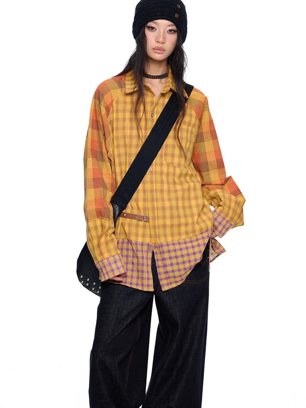 EZEK Yellow Plaid Patchwork Buttoned Stand Collar Women's Cotton Blend Overshirts