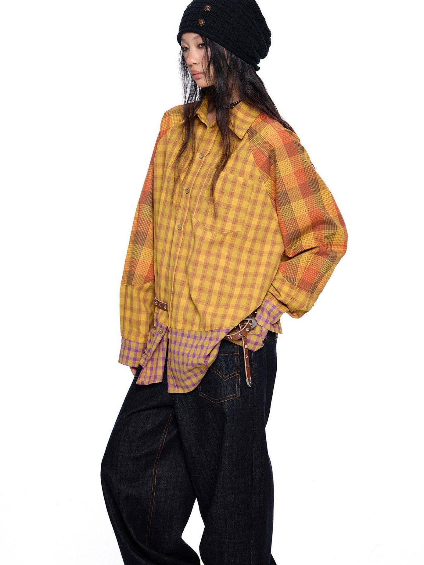EZEK Yellow Plaid Patchwork Buttoned Stand Collar Women's Cotton Blend Overshirts