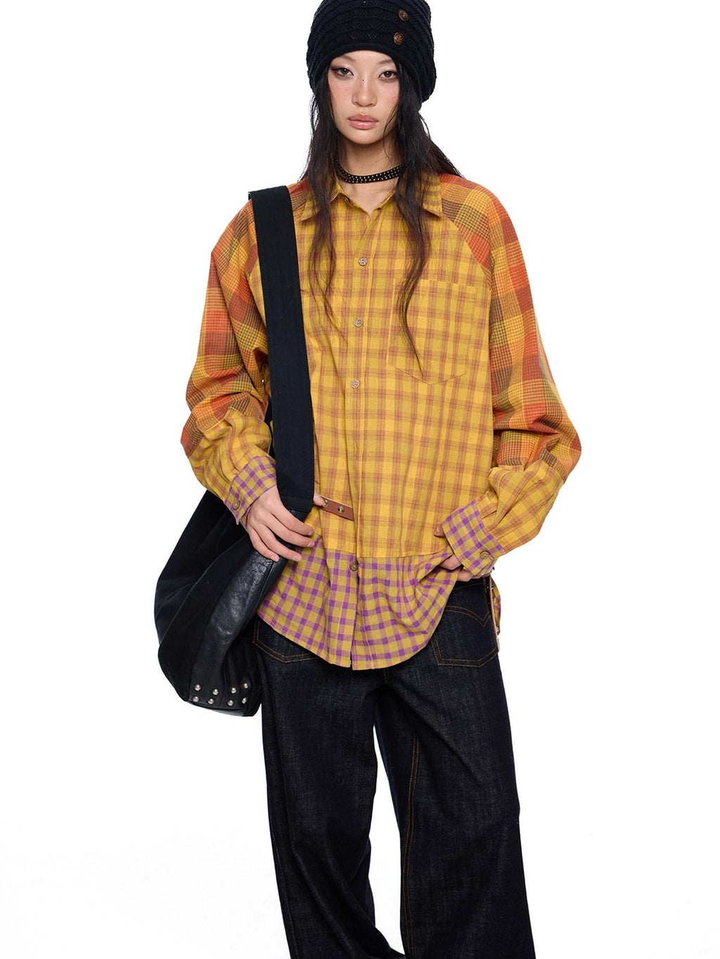 EZEK Yellow Plaid Patchwork Buttoned Stand Collar Women's Cotton Blend Overshirts
