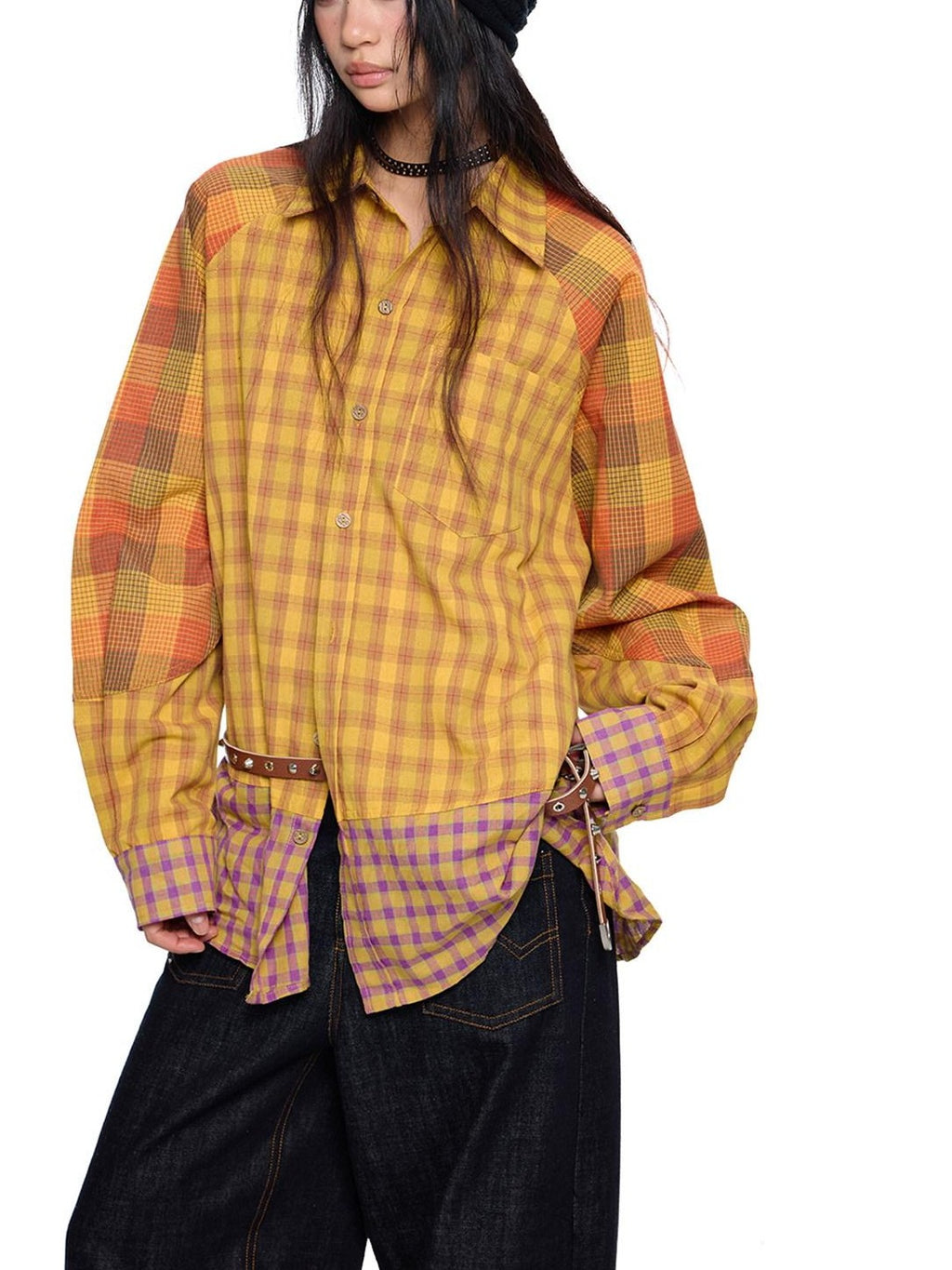 EZEK Yellow Plaid Patchwork Buttoned Stand Collar Women's Cotton Blend Overshirts