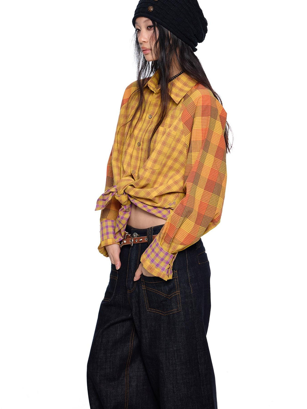EZEK Yellow Plaid Patchwork Buttoned Stand Collar Women's Cotton Blend Overshirts