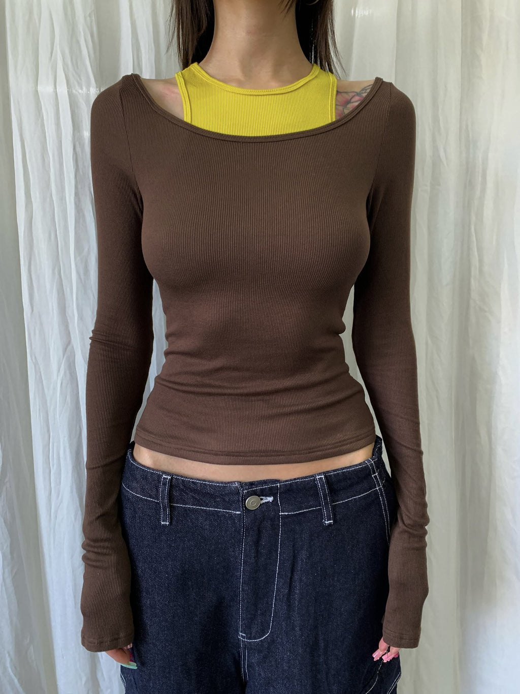 FOURFORTY_4_Color_Off_Shoulder_Faux_Two_Piece_Women's_Skin_Friendly_Long_Sleeve_T-shirts_831155221398_MISSTT