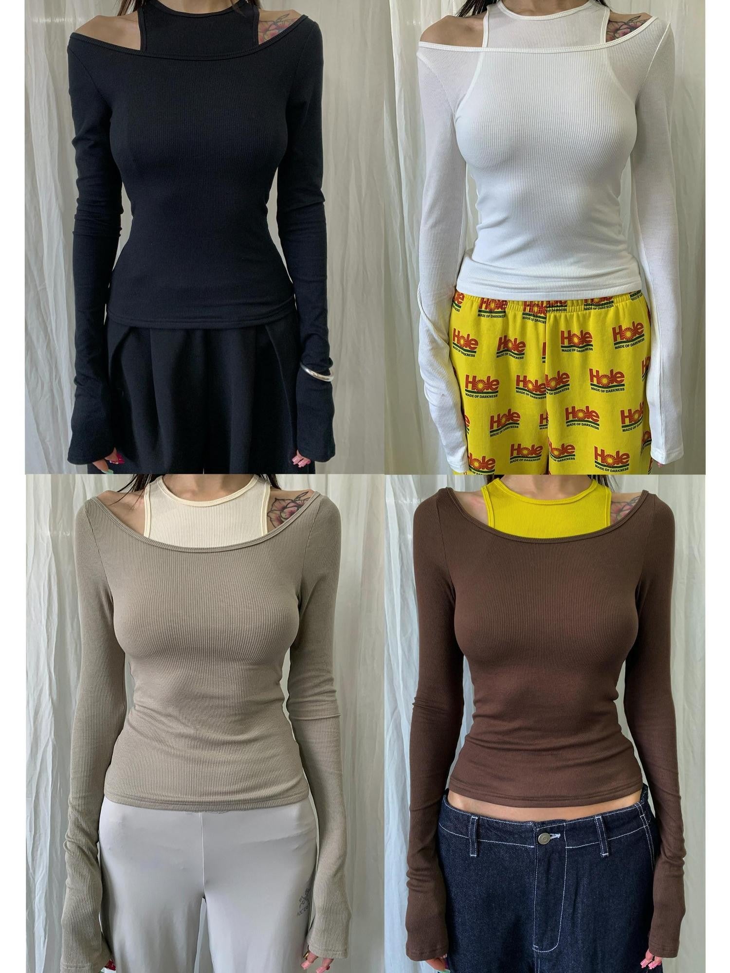 FOURFORTY 4 Color Off Shoulder Faux Two Piece Women's Skin Friendly Long Sleeve T-shirts