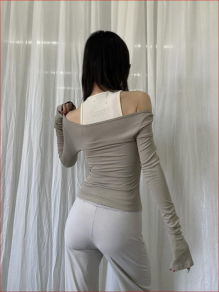 FOURFORTY 4 Color Off Shoulder Faux Two Piece Women's Skin Friendly Long Sleeve T-shirts