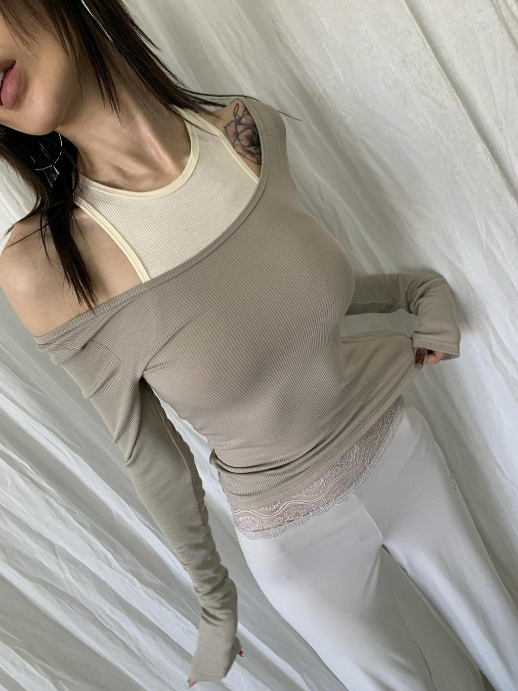 FOURFORTY 4 Color Off Shoulder Faux Two Piece Women's Skin Friendly Long Sleeve T-shirts