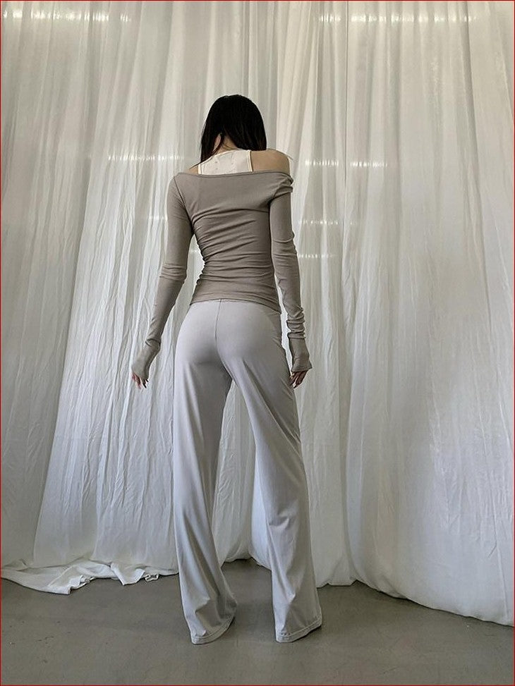 FOURFORTY 4 Color Off Shoulder Faux Two Piece Women's Skin Friendly Long Sleeve T-shirts