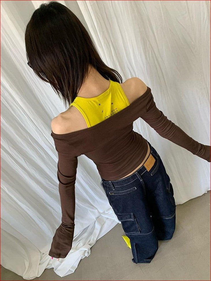 FOURFORTY 4 Color Off Shoulder Faux Two Piece Women's Skin Friendly Long Sleeve T-shirts