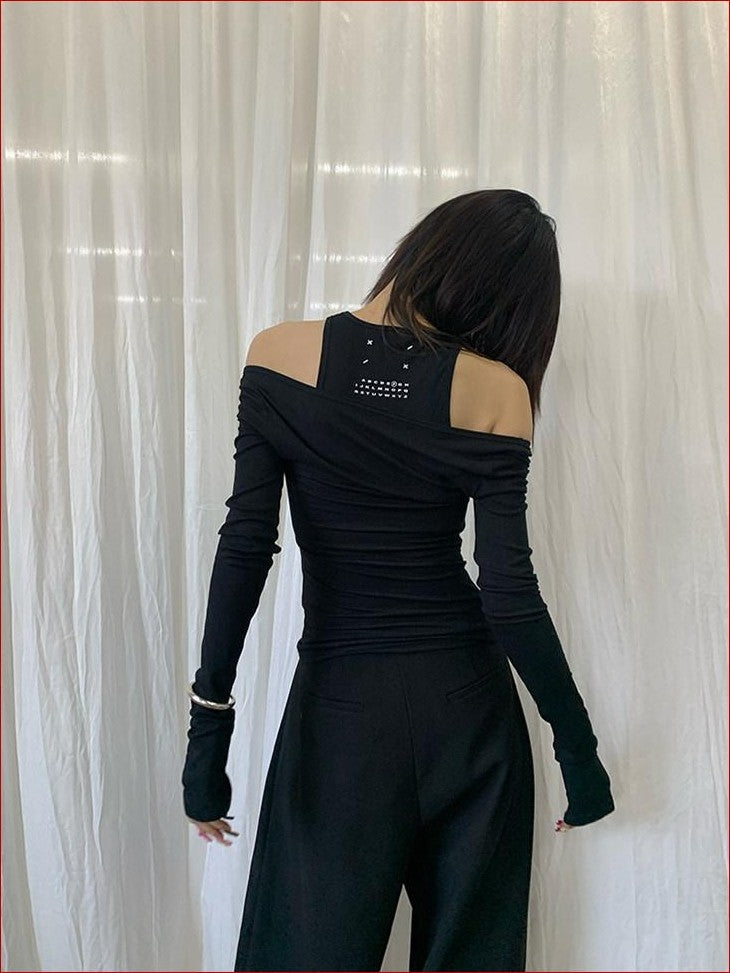 FOURFORTY 4 Color Off Shoulder Faux Two Piece Women's Skin Friendly Long Sleeve T-shirts